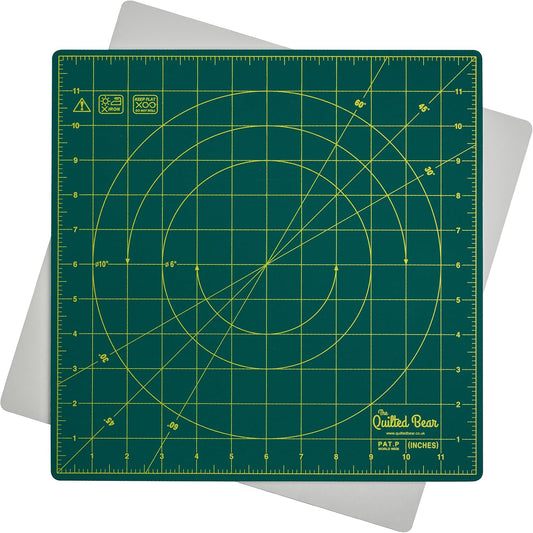 The Quilted Bear Rotating Cutting Mat 12" x 12" - Locking & Rotating Self Healing Cutting Board for Sewing, Fabric & Effortless Quilting - 360 Degree Sewing Supplies Mat for Craft Table (Green)