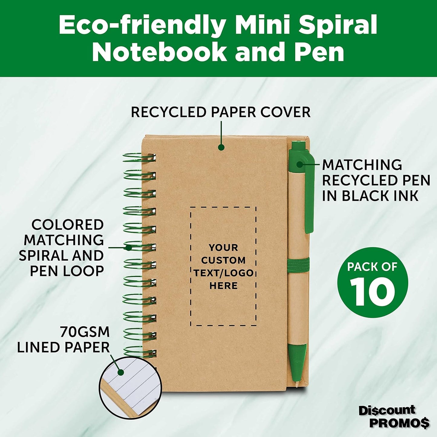 Custom Mini Spiral Notebooks with Black Ink Pens Set of 10, Personalized Bulk Pack - Perfect for School, Office, Business, Home - Green