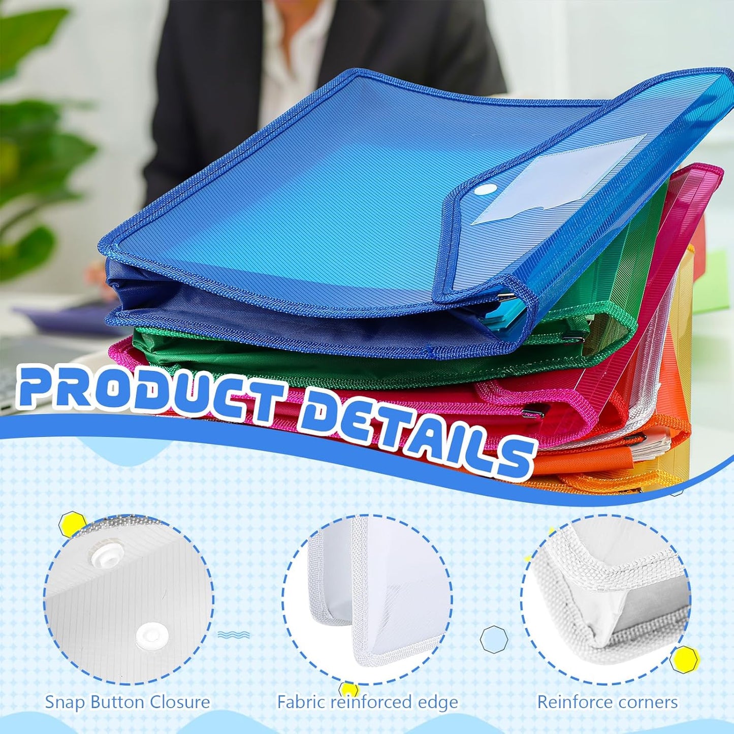 4 Pack A4 Expanding Plastic File Folders Waterproof Document Organizer with Snap Button Multiple Pockets, Office Home Office Storage (White)