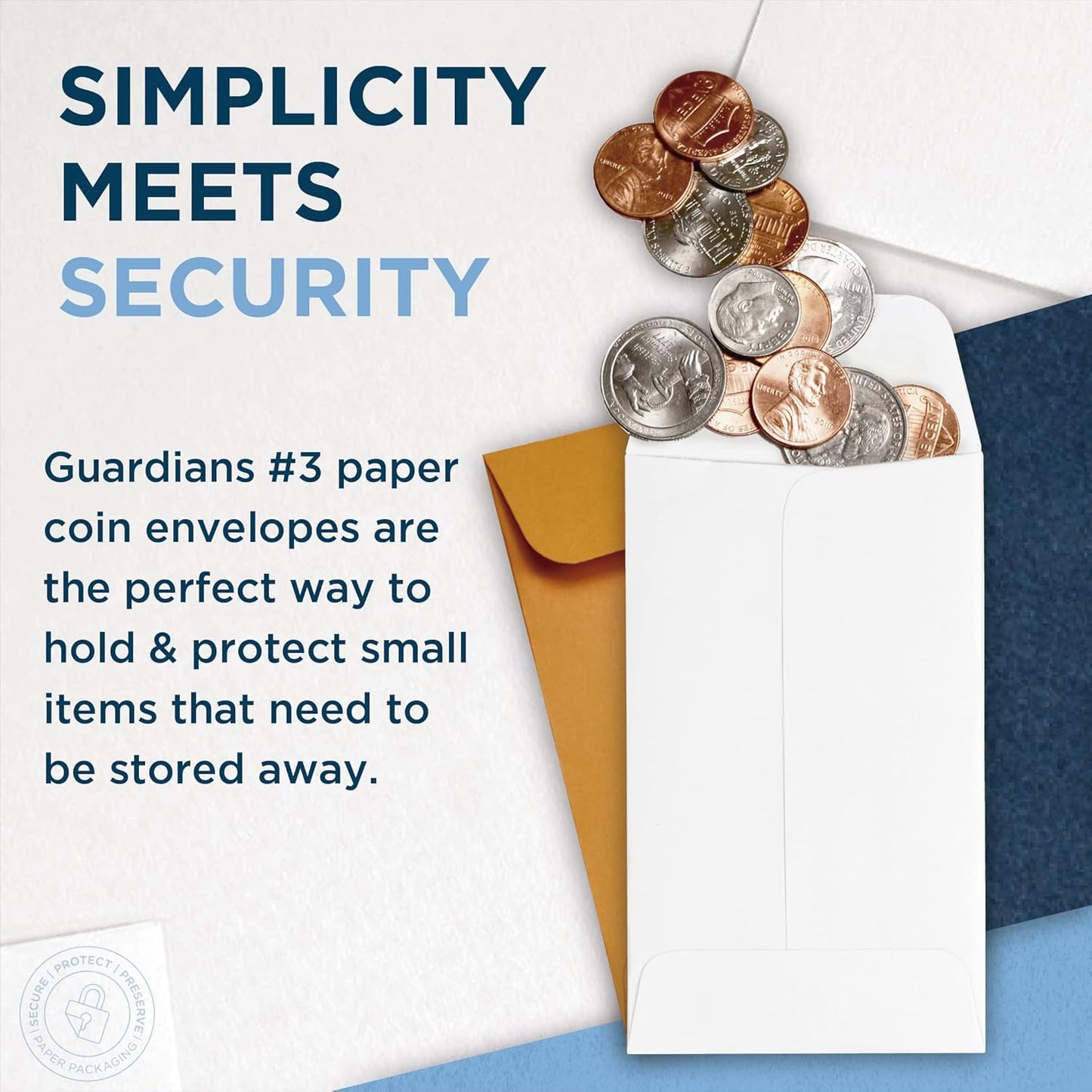 500 Guardian #3 Paper Coin Envelopes - Blank Small Envelopes for Coins, Receipts, Stamps, Small Parts Storage, & More – 2-1/2” x 4-1/4” Cash Envelopes – Gummed Flap Gift Card Holder Envelope