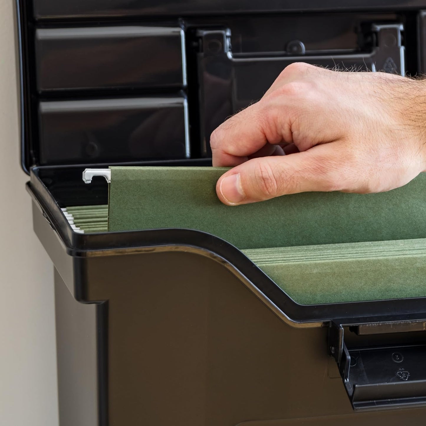 IRIS USA File Box Slim with Lid File Organizer for Letter File w/ Organizer-Lid, Water Resistant Document Box, Plastic Mobile Filing Organizer, Secure Buckle, Portable Handle, Lockable, Black 4 Pack