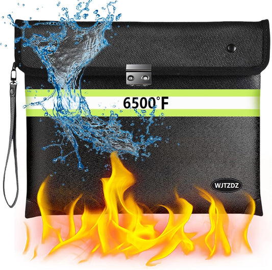 6500°F Fireproof Document Bag with Lock,2025 Upgraded Fireproof/Waterproof Money Bag with Zipper/Reflective Strip,Storage Pouch for A4 Letter Size Document,Cash,Cell Phone,Passport