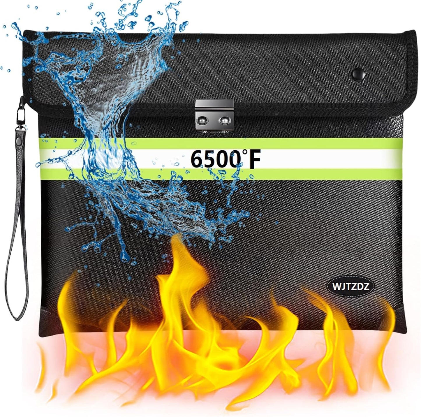 6500°F Fireproof Document Bag with Lock, Upgraded Fireproof/Waterproof Money Bag with Zipper/Reflective Strip,Storage Pouch for Cash,Cell Phone,Passport（Not Suitable for A4 Files）