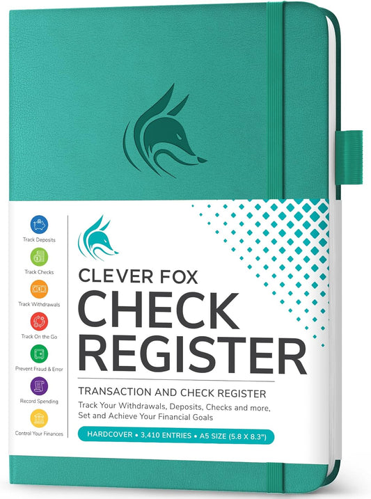 Clever Fox Check Register Book - Deluxe Transaction Register, Accounting Ledger Book, Checkbook Register & Checking Account Register Book for Personal and Work Use, A5 Hardcover - Turquoise