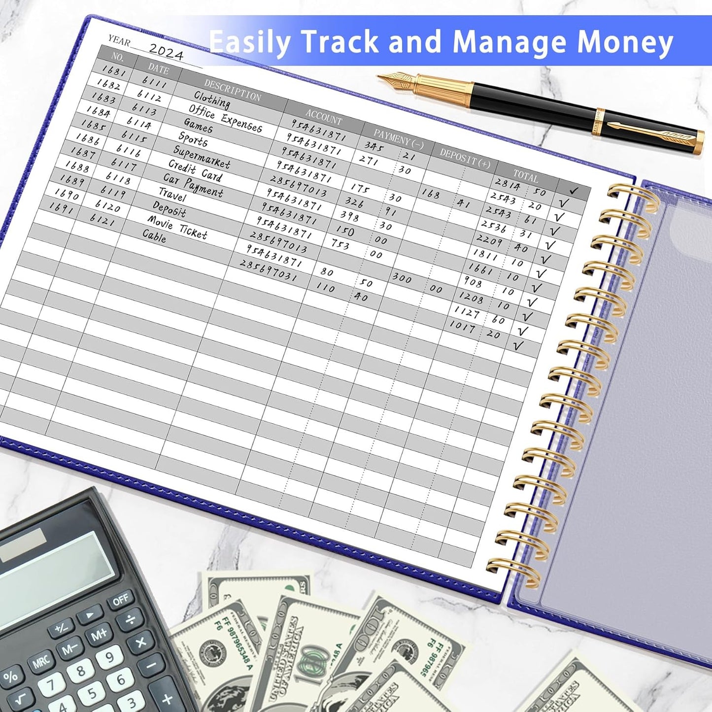 HAUTOCO Hardcover Accounting Ledger Book for Small Business Bookkeeping Horizontal Money Expense Tracker Notebook with 2 Storage Pouch, Personal Columnar Log Journal 10.78 x 8'', Navy Blue