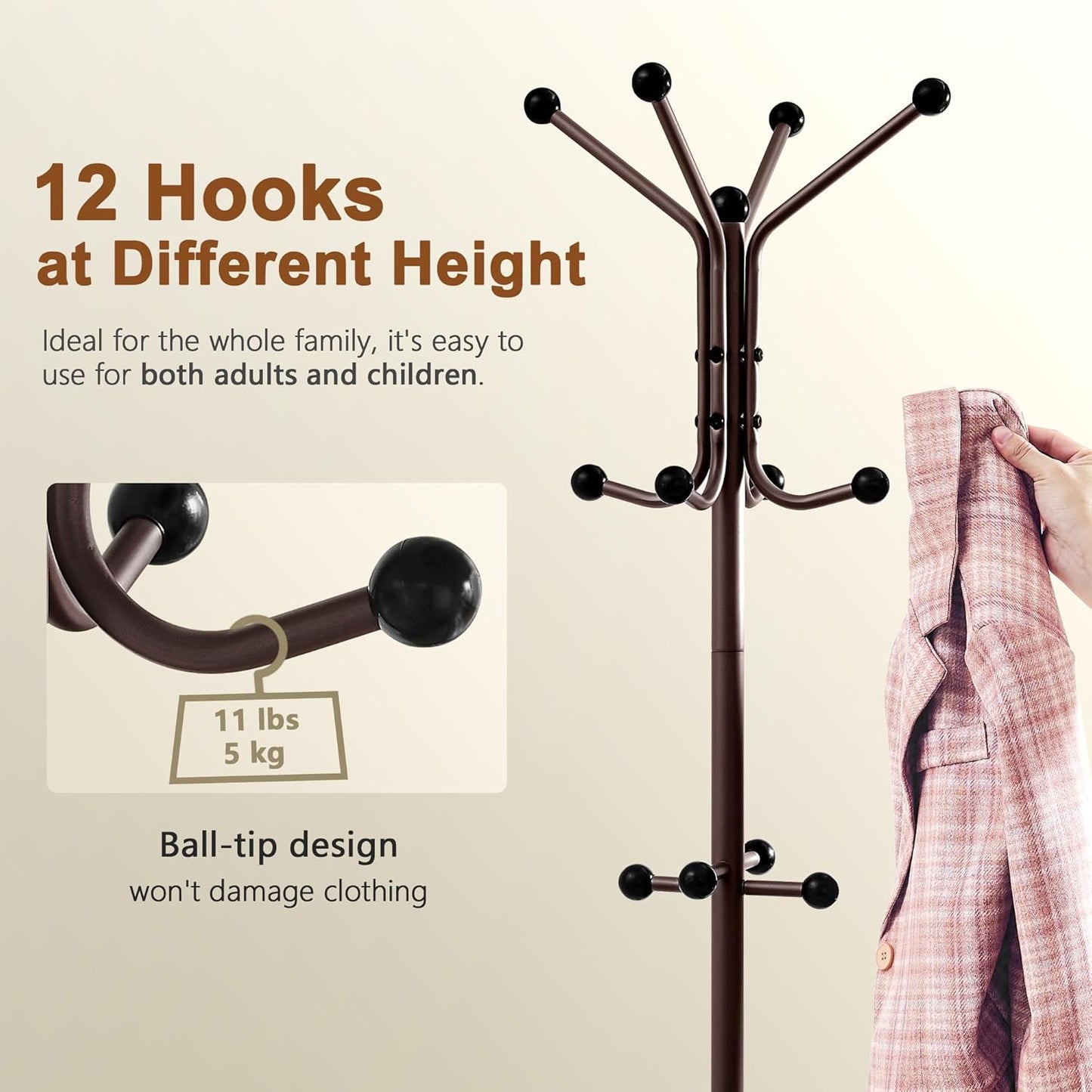 Hoctieon Coat Rack Freestanding, Coat Tree with Umbrella Holder, Metal Coat Rack Stand with 12 Hooks, Standing Coat Hanger Stand, Umbrella Stand for Entryway, Hat Rack Stand for Home Office, Brown