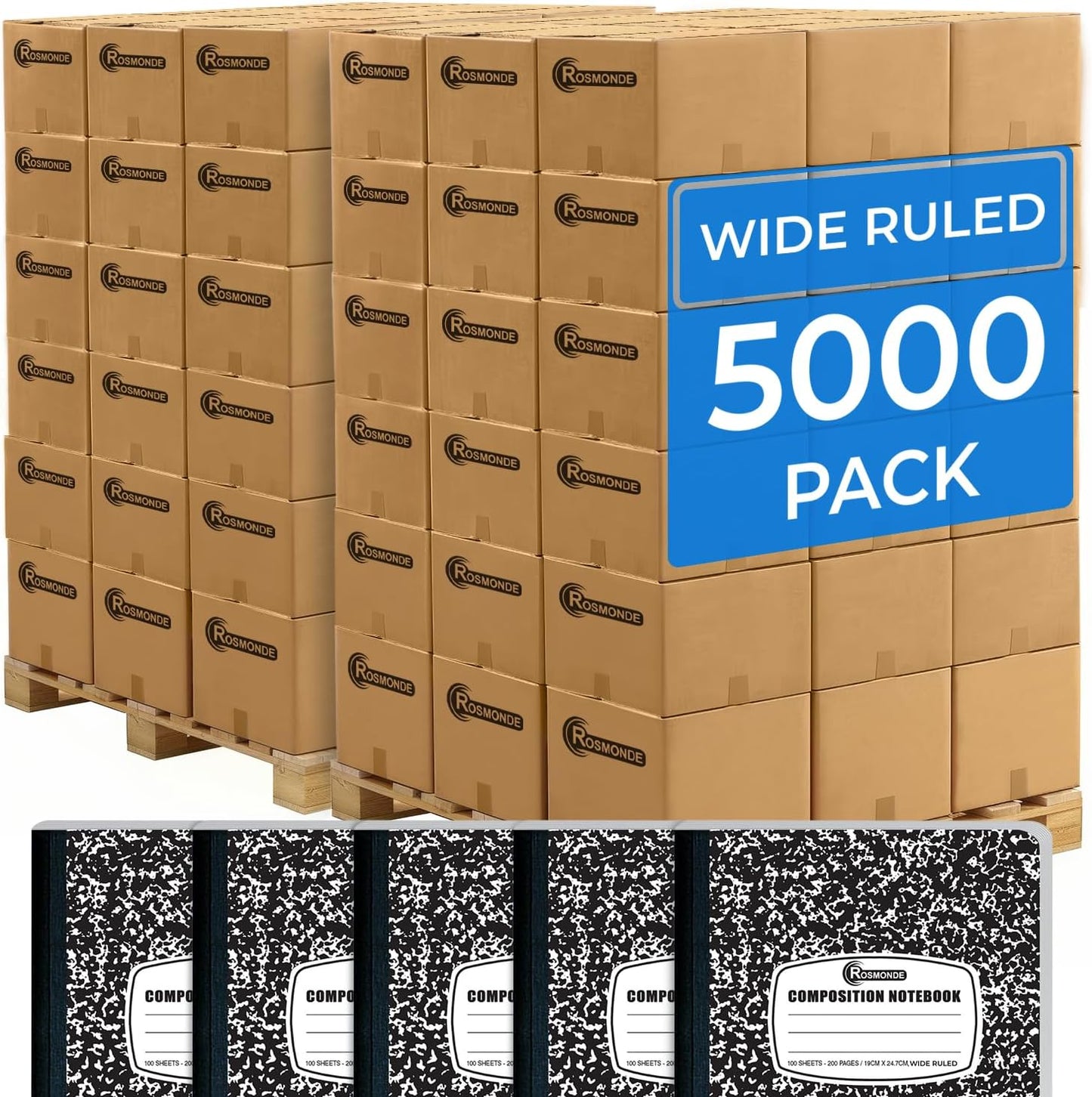 5000 Pack (Pallet) Composition Notebooks Bulk, Wide Ruled, Jumbo Pallet of Composition Notebooks, 100 Sheets (200 Pages), 9-3/4 x 7-1/2, Bulk Supplies for School & Office, 4-7 Days Transit