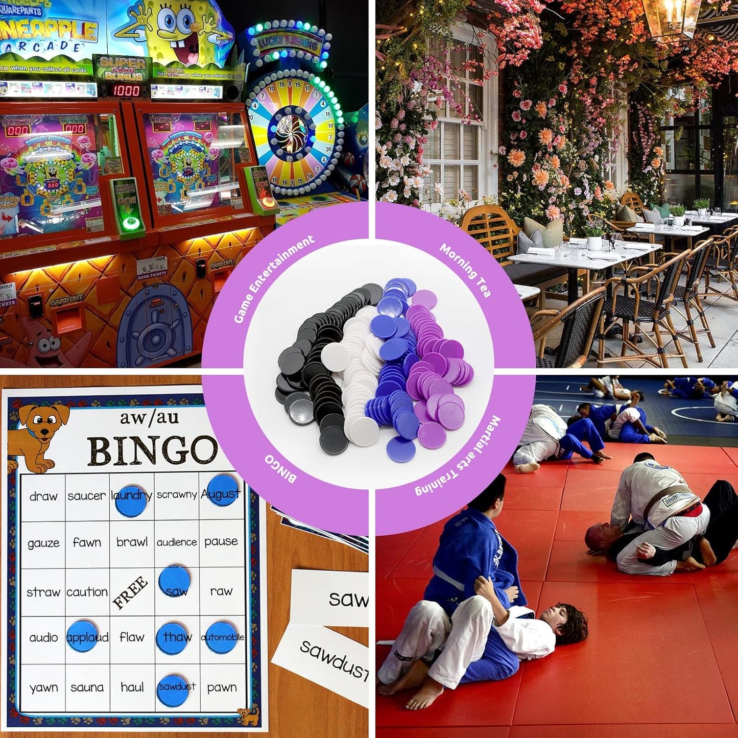 Set of 100 Opaque Plastic Learning Counters Mini Poker Chips Game Tokens with Storage Box (Black+White+Blue+Purple, 1.26 Inch)