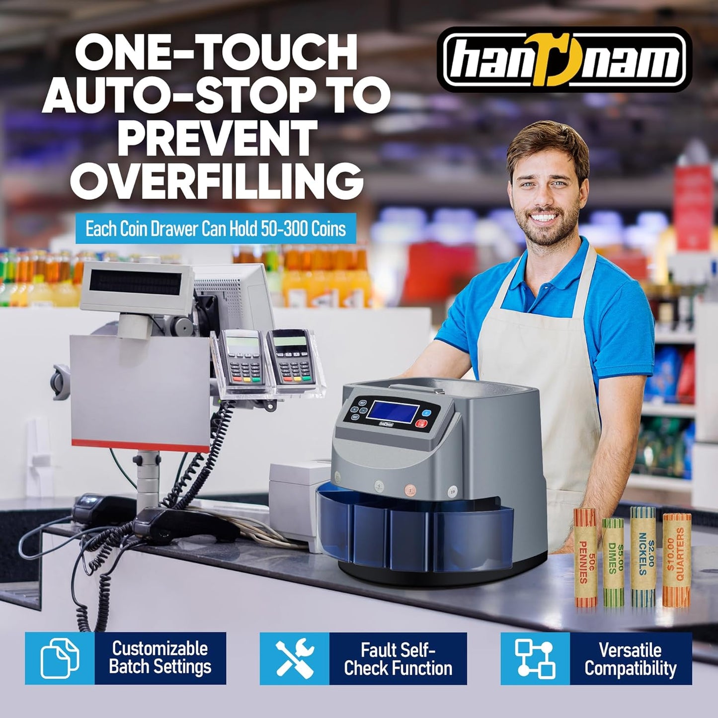 Coin Counter Machine, Electric Coin Sorter Sort 270 Coins/Minute, USD Change Counter Machine,500 Coins Capacity Automatic Coin Sorter and Wrapper Machine, Coin Counting Roller Machine with LCD Display