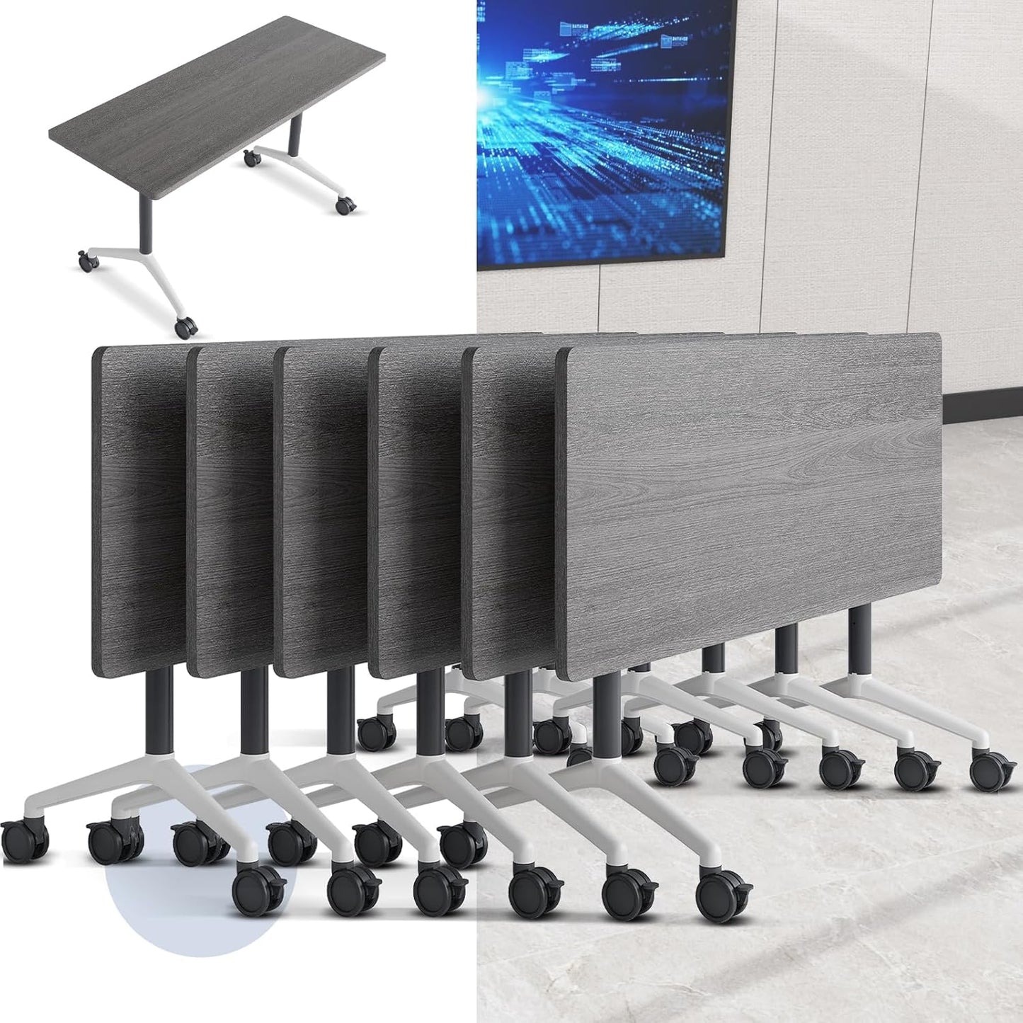 Folding Conference Table, Mobile Training Table for Office Conference, Modern Modular Rectangular Work Desk Meeting Seminar Work Tables with Caster Wheels, Large Breakroom Tables (6Pack L70.9in)