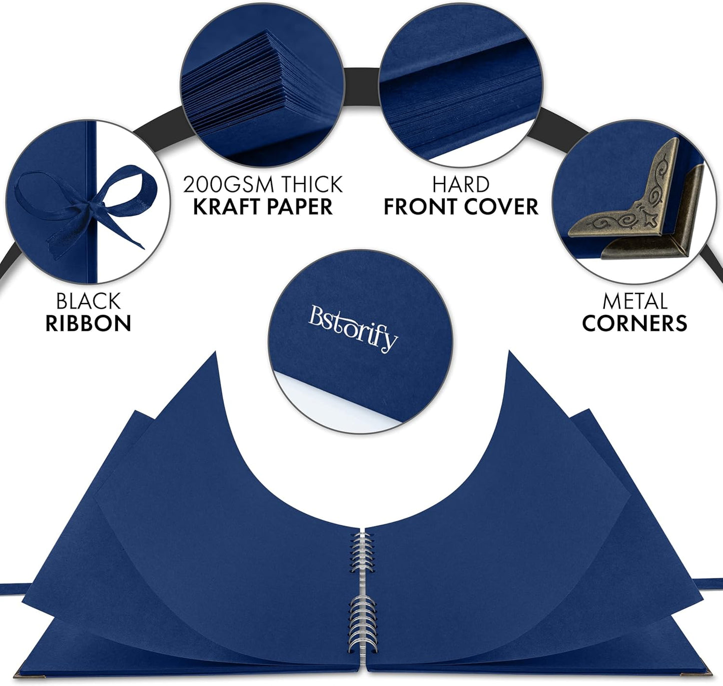 Bstorify 10 x 10 Inches Scrapbook Album 70 Pages Blue Thick Kraft Paper Corner Protectors, Ribbon Closure - Ideal for Your Scrapbooking, Art & Craft Projects (Blue, 10 x 10 Inch)