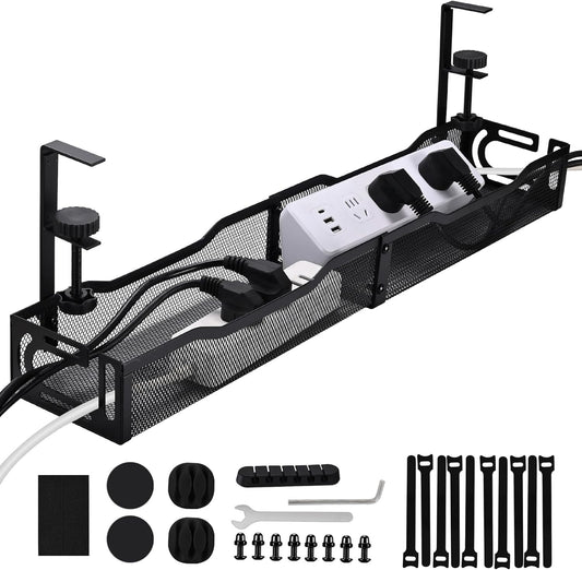 Clamp-On Under Desk Cable Management Tray – 25.3 Inch No Drill Metal Wire Organizer for Home Office & Standing Desk Setup (Black)