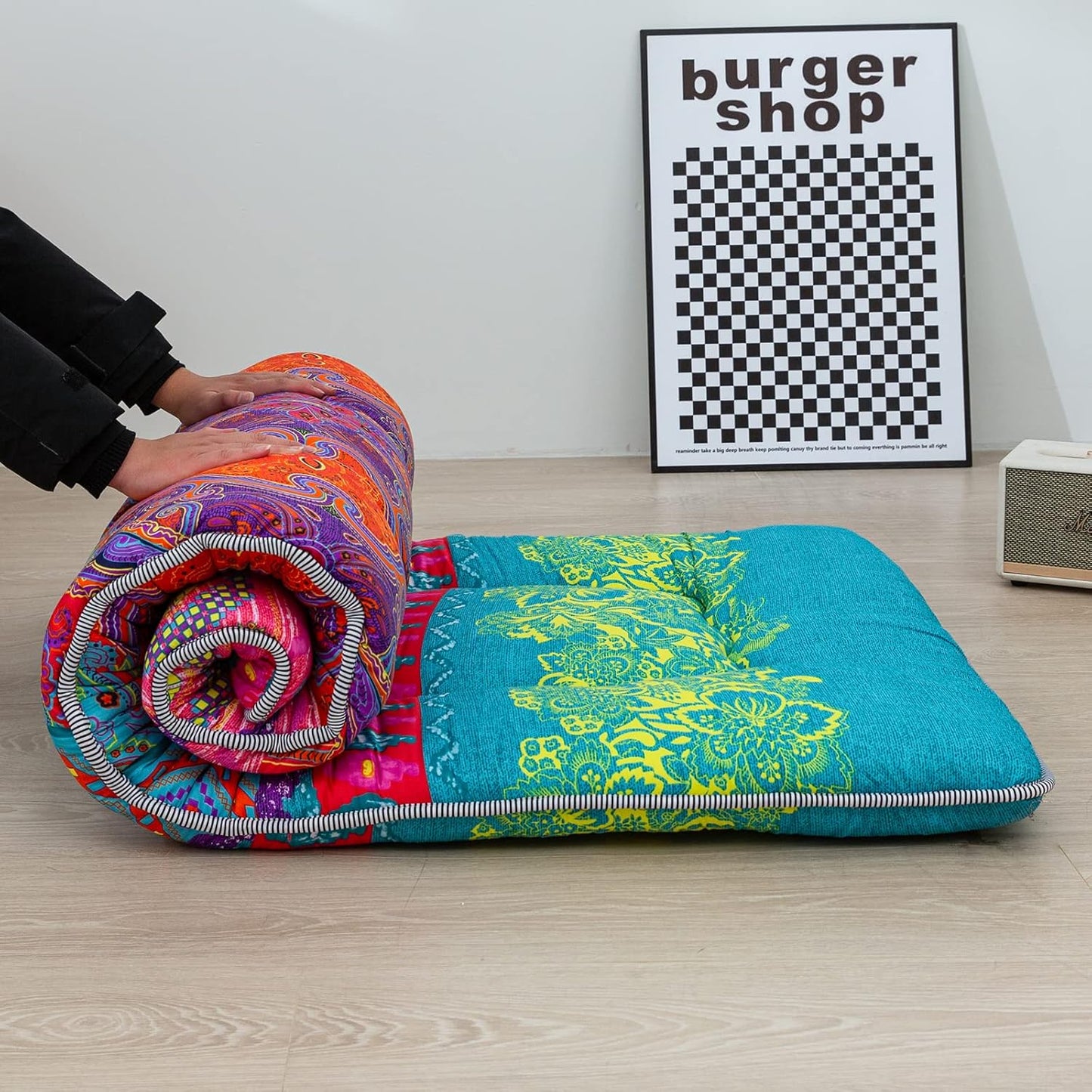 MAXYOYO Bohemian Floor Bed, Japanese Futon Mattress, Narrow Twin Single Bed, Foldable Roll Up Camping Cot for Adults