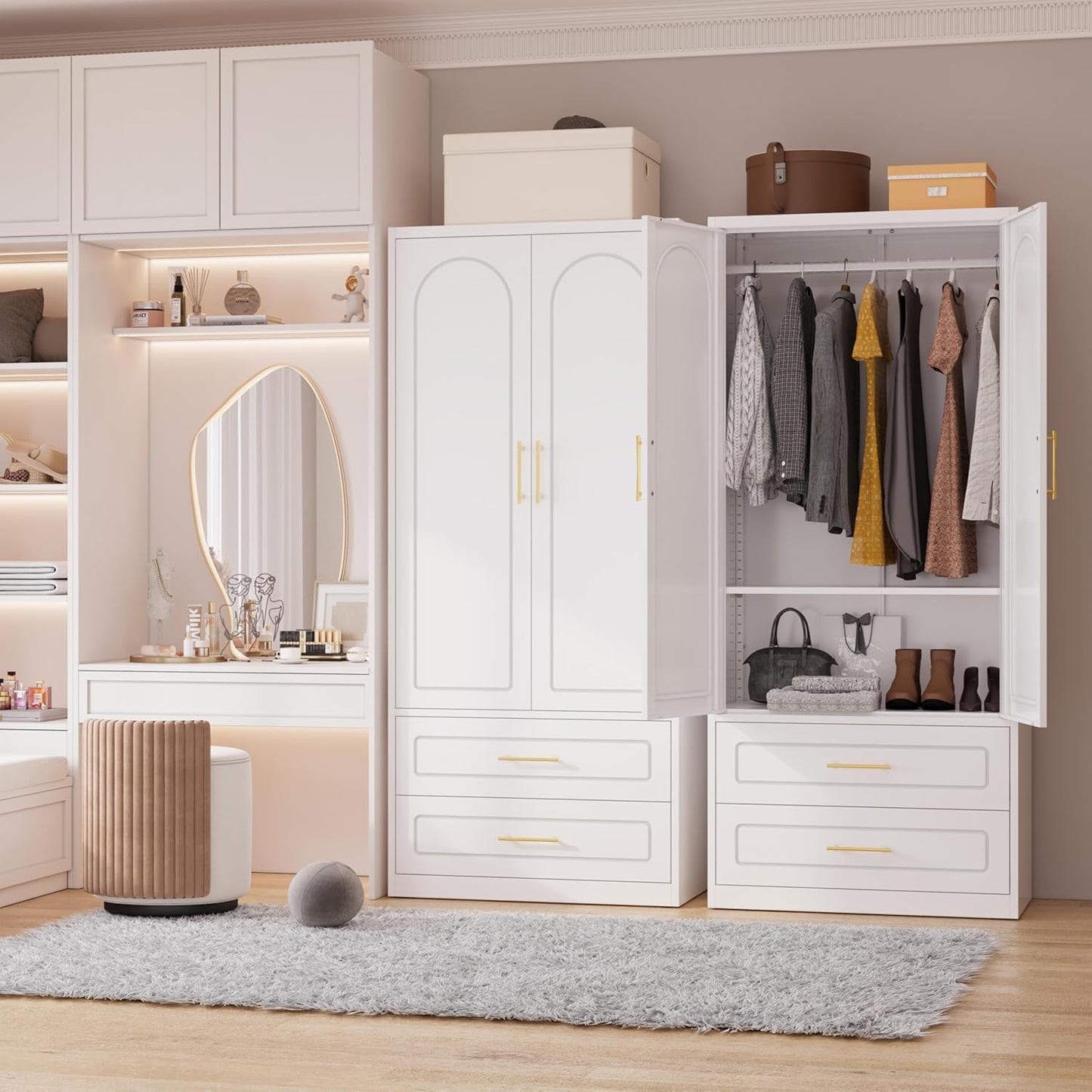 Metal Armoire Wardrobe Closet witih Two Drawers, 71" Tall Large Wardrobe Cabinet with Hanging Rod, Clothing Storage Cabinet with Doors and Shelves for Bedroom, White, Assemble Required