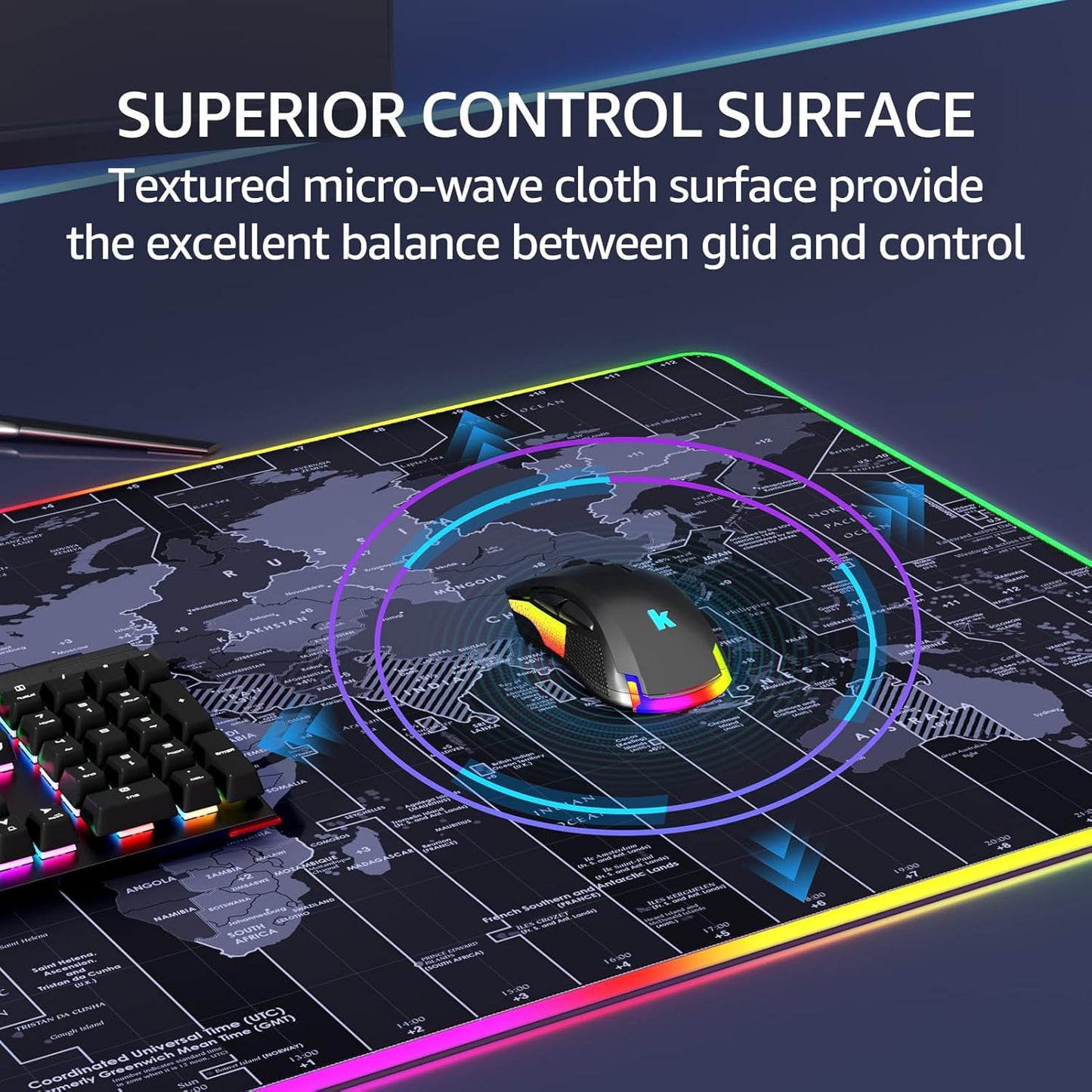 KTRIO RGB Large Gaming Mouse Pad with Stitched Edges, Superior Micro-Weave Cloth, Non-Slip Base, Water Resist Coating, 31.5 x 15.7 in, RGB World Map