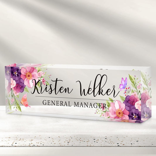 Personalized Name Plate for Desk - Custom Engraved Name Plates for Man - Boss Day Gifts for Boss - Acrylic Office Decor Appreciation Gifts for Teacher Nurse Coworker Social Worker (Bouquet)