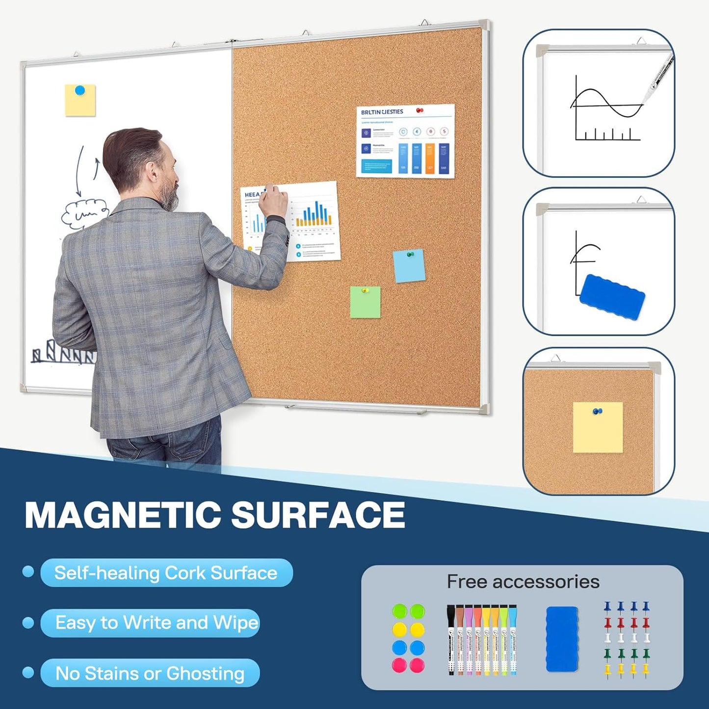 Large White Board Dry Erase Foldable Cork Board Combo, 60" x 40" Double Sided Dry Erase Board for Wall, Magnetic Whiteboard Cork Board Combination for Office, Home, School, Kitchen