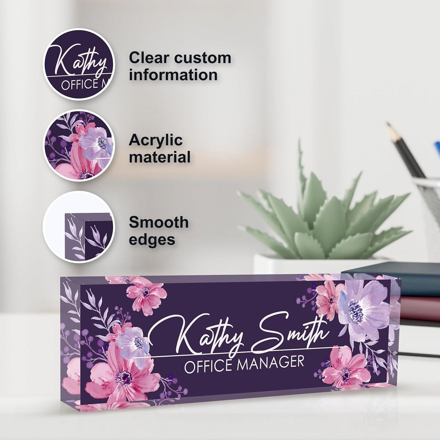 Personalized Name Plate for Desk, Custom Desk Name Plate, Acrylic Name Plate Office Desk Accessories, Personalized Office Gifts for Coworkers Teachers, Employee Appreciation Gifts (B-Watercolor)