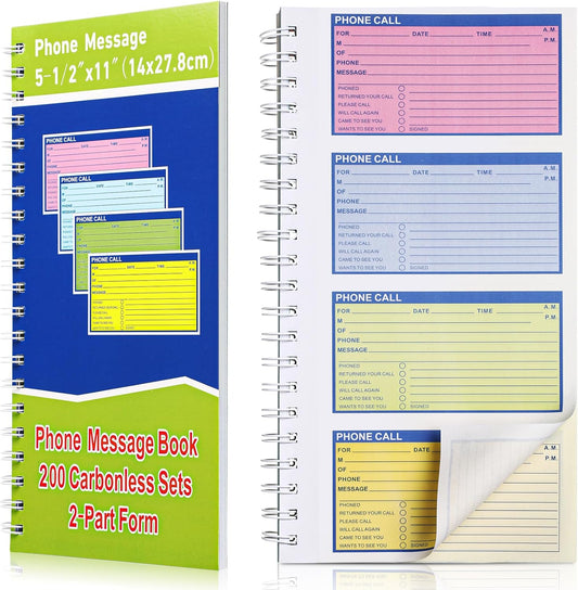 Sinmoe 1 Pcs Spiral Bound Phone Message Book with Carbon Copy 5-1/2" x 11" 2 Part Colorful Carbonless Telephone Message Pads Duplicate Spiral Phone Call Log Book for Business Office