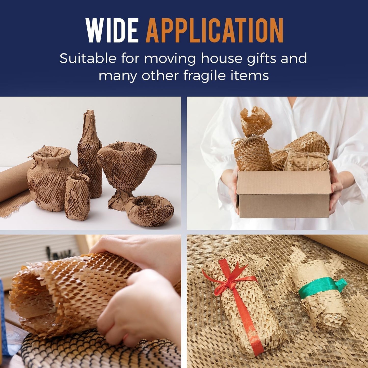 Honeycomb Packing Paper 15" x 400ft with Rope & 20 Fragile Stickers|Shipping & Moving Supplies|Small Business Packaging Supplies|Eco Friendly Bubble Wrap Packing Boxes for Moving Certified FSC C204227