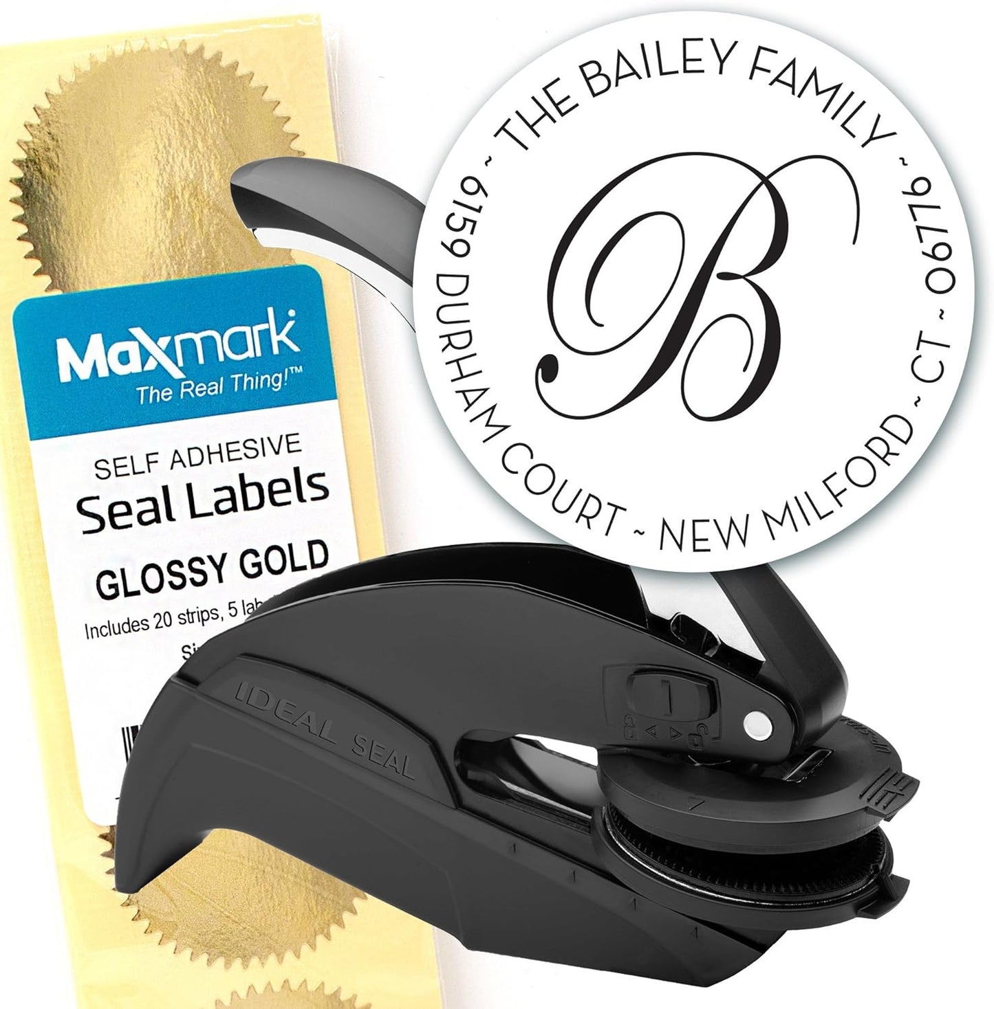 Custom Monogram Address Embosser - Personalized Round Seal with 50 Gold Seal Labels - Style EM028