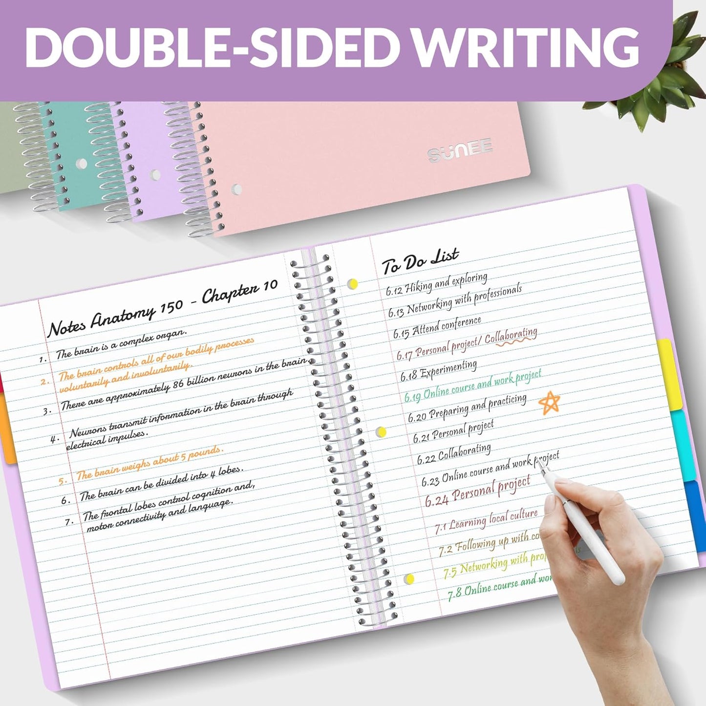 SUNEE 5 Subject Notebook College Ruled - 400 Pages, 9"x11", 5 Pocket Colored Dividers, 3-Hole Punched Paper, Purple