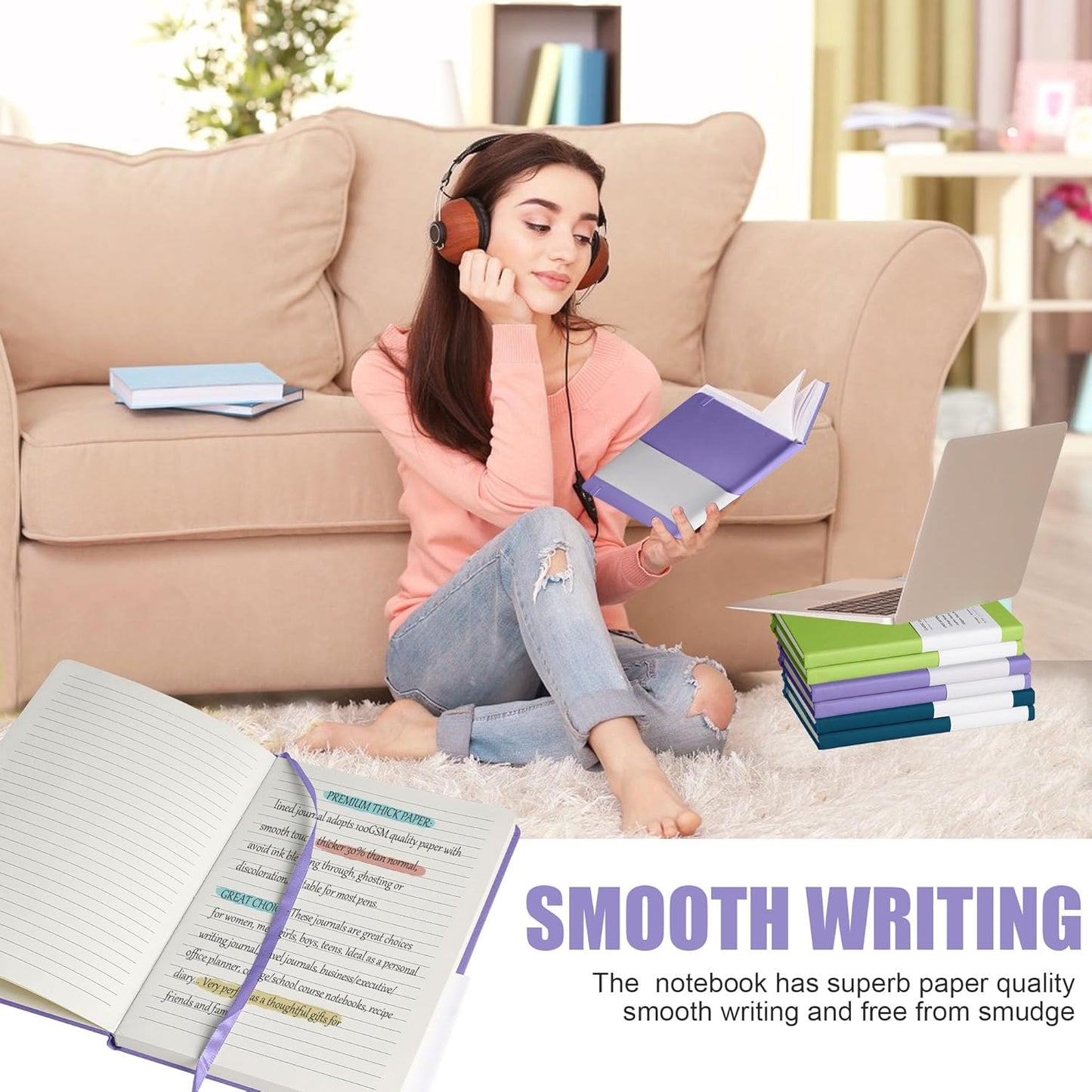 Lined Journal Notebook, 6Pack(Mauve), 160 Pages, Medium 5.7 inches x 8 inches - 100 gsm Thick Paper, Hardcover