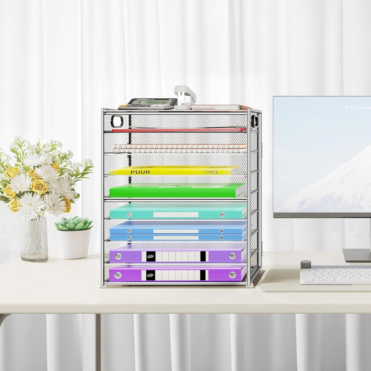 9 Tier Paper Organizer with Handle, Large Capacity Desk Organizer Mesh Paper Letter Tray File Folder Document Sorter for Classroom and Office Accessories Organization- Silver (2 Pack)
