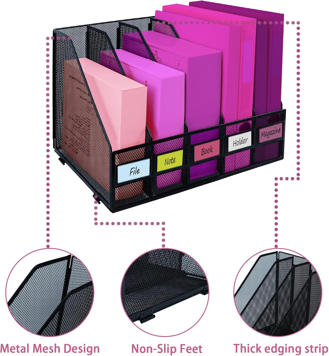 Desk Organizers, Metal Magazine File Holder with 5 Vertical Compartments Rack Binder File Organizer for Office Supplies, Home Workspace - Black