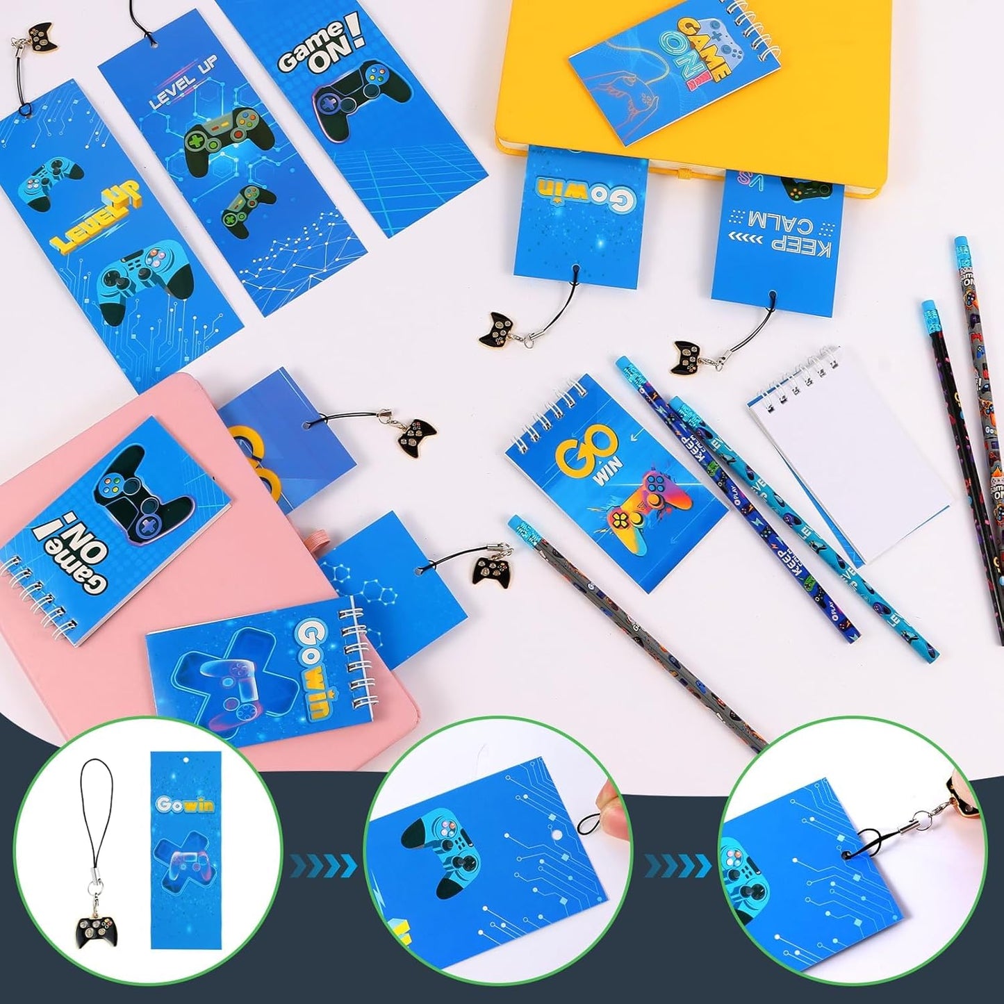 Kolewo4ever 148 Pieces Video Game Theme Stationery Set:100 Pcs Video Game Pencils 24 Pcs Game Pattern Mini Spiral Notepad Memo Pad 24 Pcs Game Metal Charms Bookmarks (Style-2)