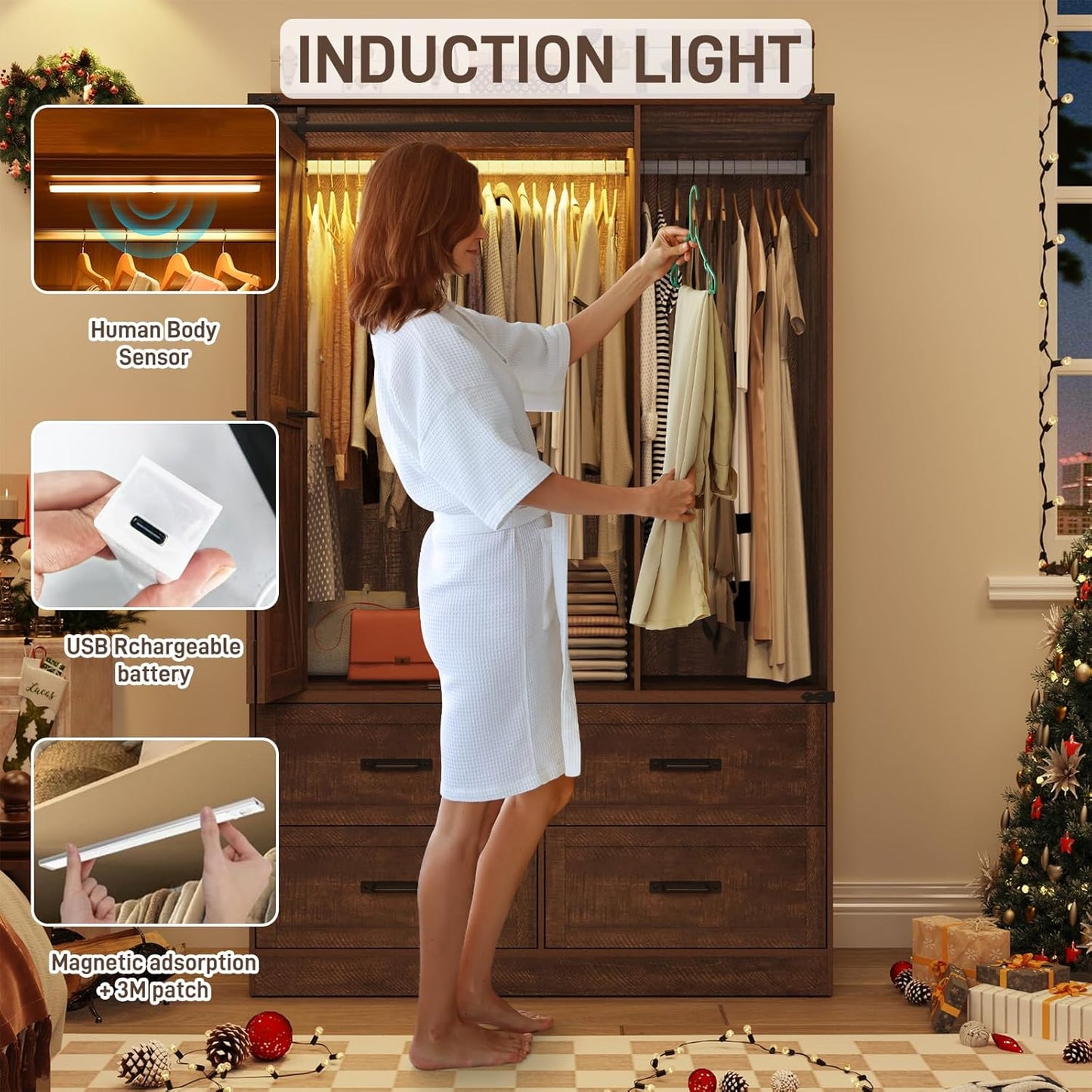 Farmhouse 3 Doors Armoire Wardrobe Closet w/Folding Sliding Barn Door and Lights, LED Armoire Closet w/Drawers for Bedroom, Freestanding Wooden Wardrobe Storage Closets w/Hanging Rod,Rustic Brown