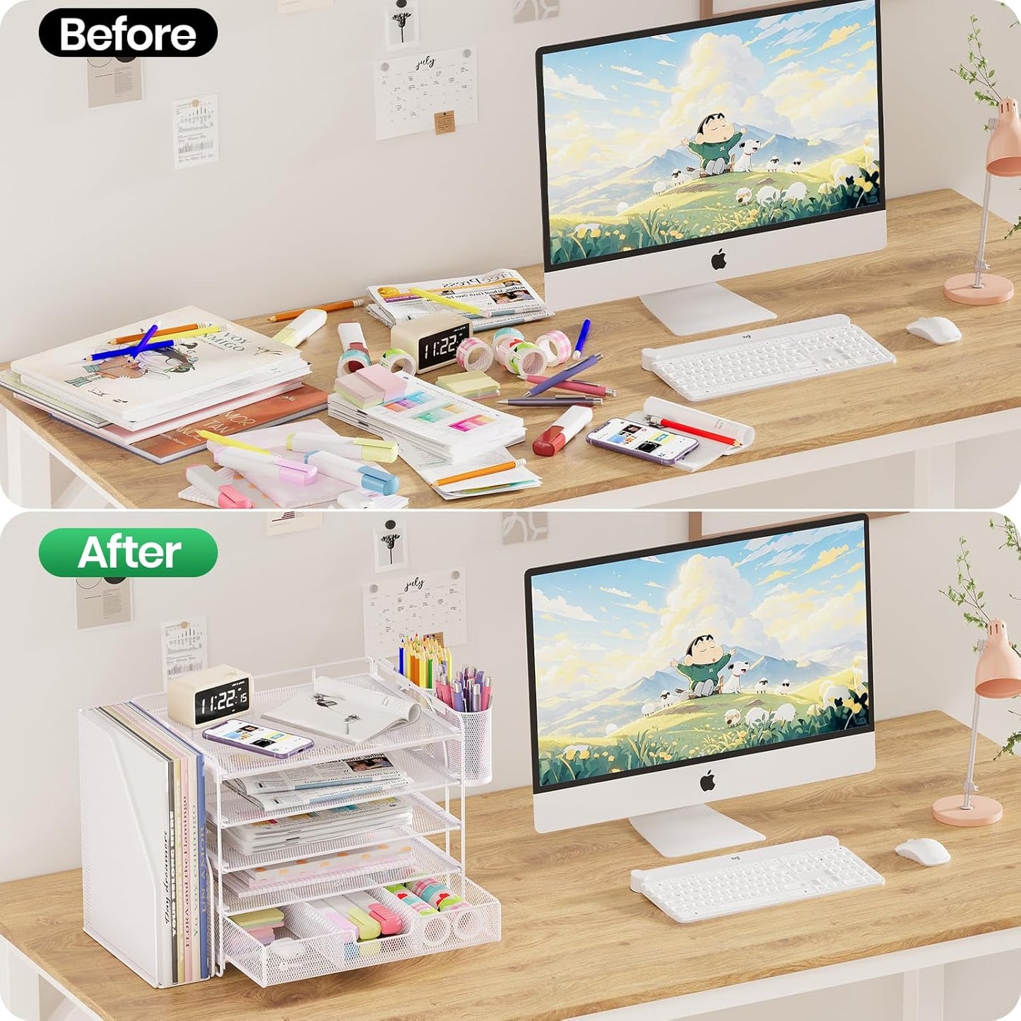 Desk Organizers and Accessories, 5-Tier Paper File Organizer with Drawer & Pen Holder, Office Desk Accessories Workspace Desktop Organizer for Office Supplies (White)