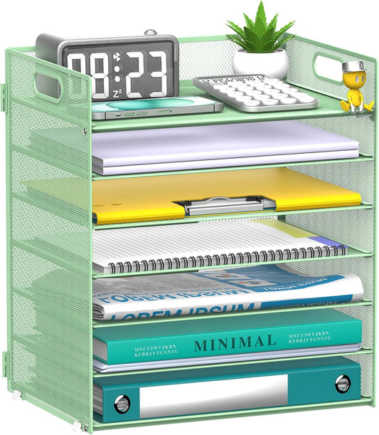 7 Tier Paper Organizer - Mesh Desktop File Holder with Handles for Office School Desk, Black (Mint green)