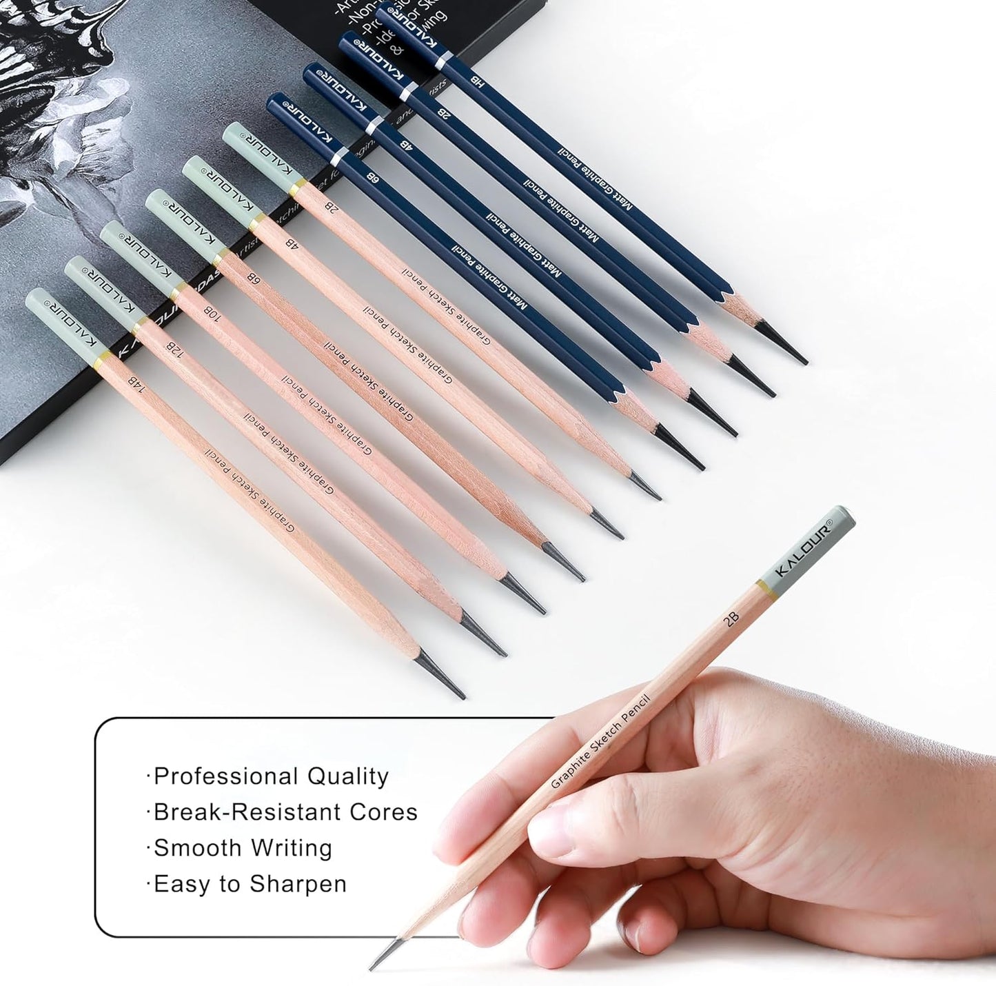 KALOUR 25-Piece Professional Sketch Pencil Set with Matte and Regular Pencils - Includes Vinyl Eraser, Kneaded Eraser, Sharpener, Pencil Extender and Blending Stump - Ideal for Artists and Beginners