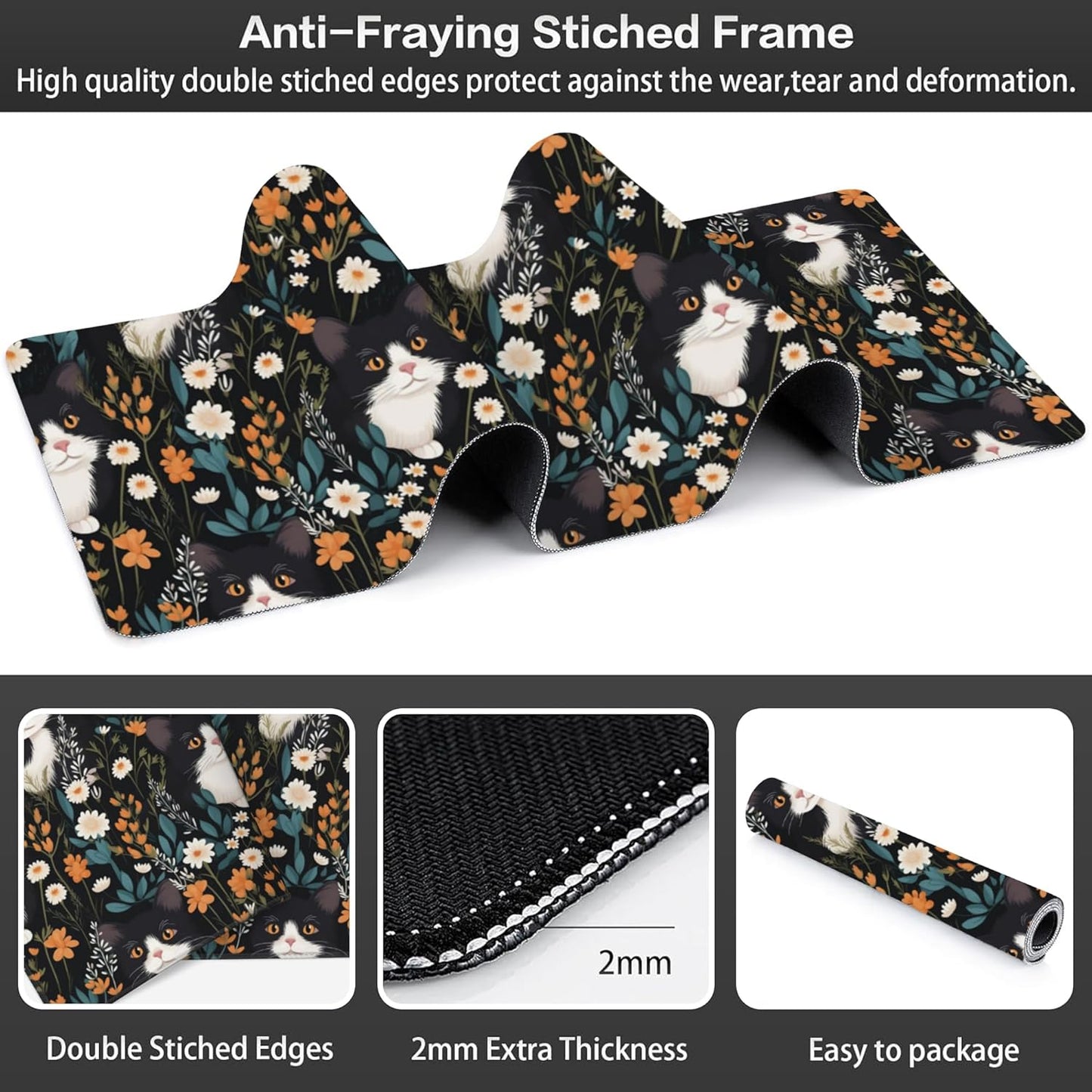 Extended Large Gaming Mouse Pad, Black Cat Wildflowers Large Desk Mat for Desktop XXL, Non-Slip Rubber Base Stitched Edges Long Computer Keyboard Desk Pad Mouse Mat for Gaming Home Office 35.4"X15.7"