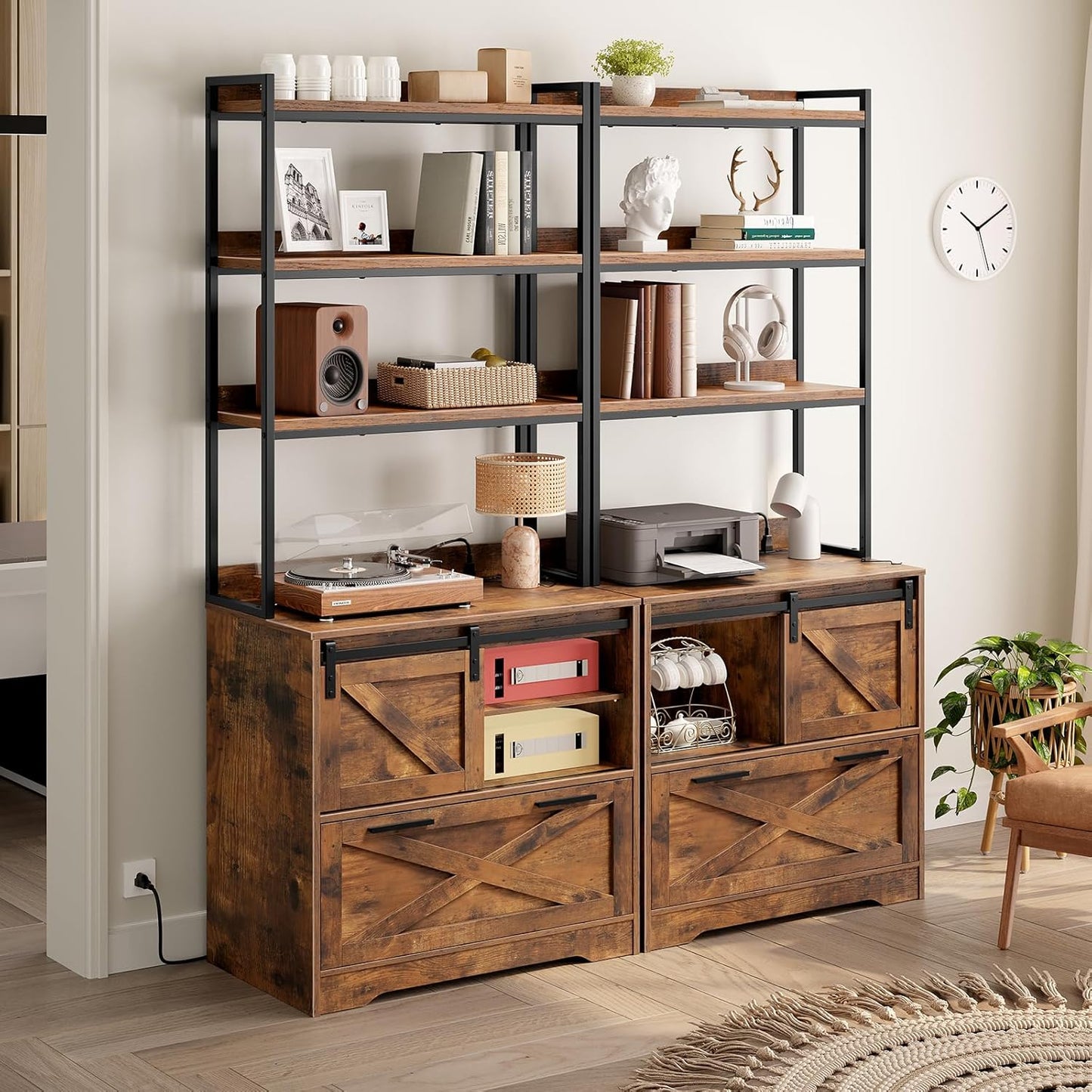 File Cabinet with Charging Station, Vertical Filing Cabinet with Shelves, File Cabinet for Home Office, Printer Stand with Storage Shelves & Barn Doors, Fits A4/Letter Files, Rustic