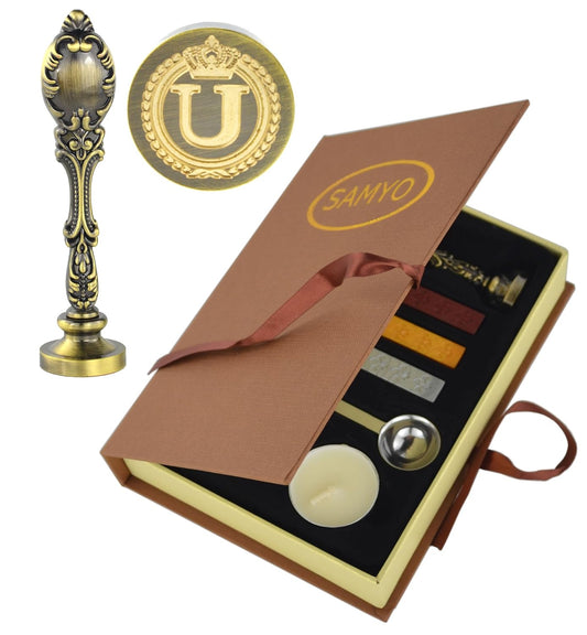 Samyo Creative Romantic Stamp Maker Classic Old-Fashioned Style Brass Color Wax Seal Sealing Stamp Vintage Antique Alphabet Initial Letter Set - (Letter U)