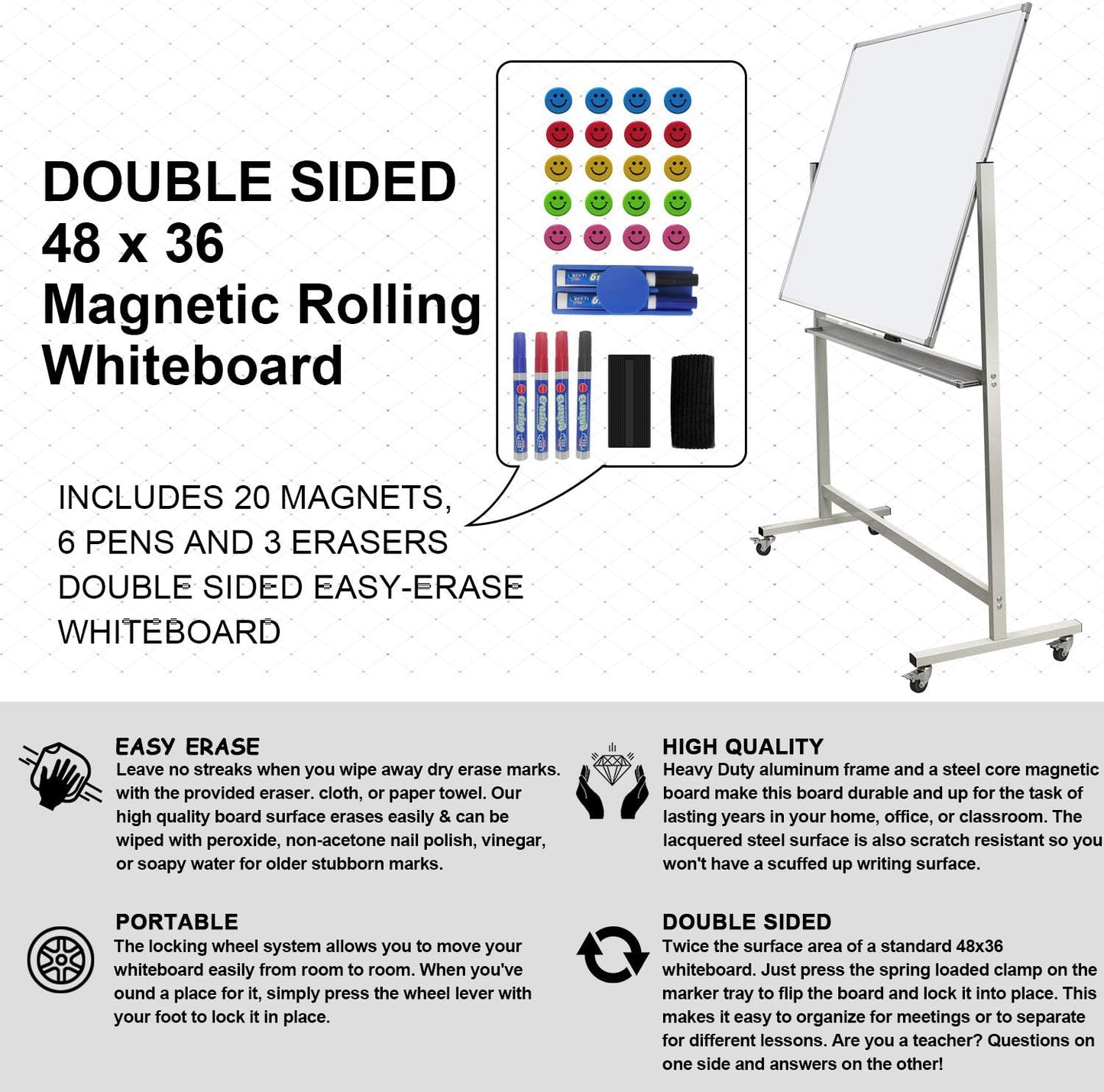 Mobile Whiteboard Magnet Dry Erase Board on Wheels Double-Sided Magnetic Portable Stand Whiteboard- 48"x36" Rolling White Boards with Easy Flip Feature
