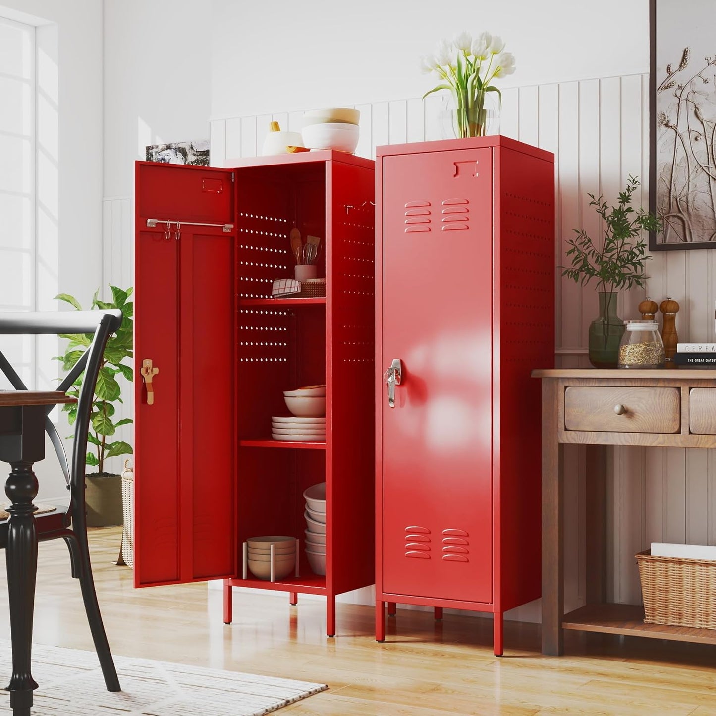 Metal Storage Locker with Pegboard and Hooks,Metal Locker for Employees with Handle and Hanging Rod for Gym, School, Office,Home,Garage,Assembly Required,Red