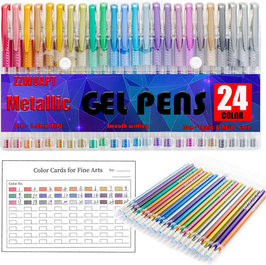 Metallic Gel Pens for Coloring Book,72 Color Gel Pens Set including 24 Color Gel Pen with 48 Refills,40% More Ink Colored Gel Pens for Drawing, Doodling, Scrapbook, Journaling