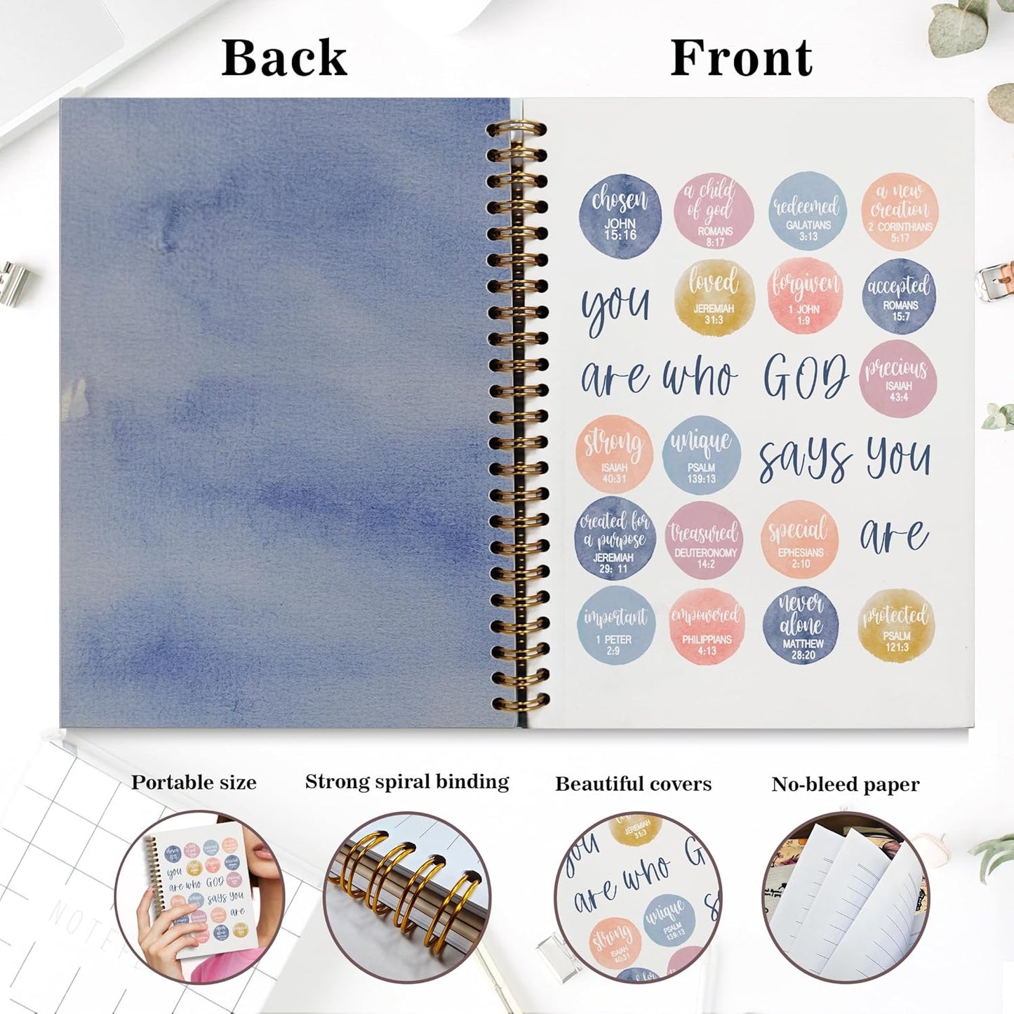Bible Notebook, A5 Spiral Christian Journal Bible Verse-God Says You Are, Inspirational Notebooks for Women, Bible Study, Gift for Birthday Christmas, Office Supplies (Light blue)