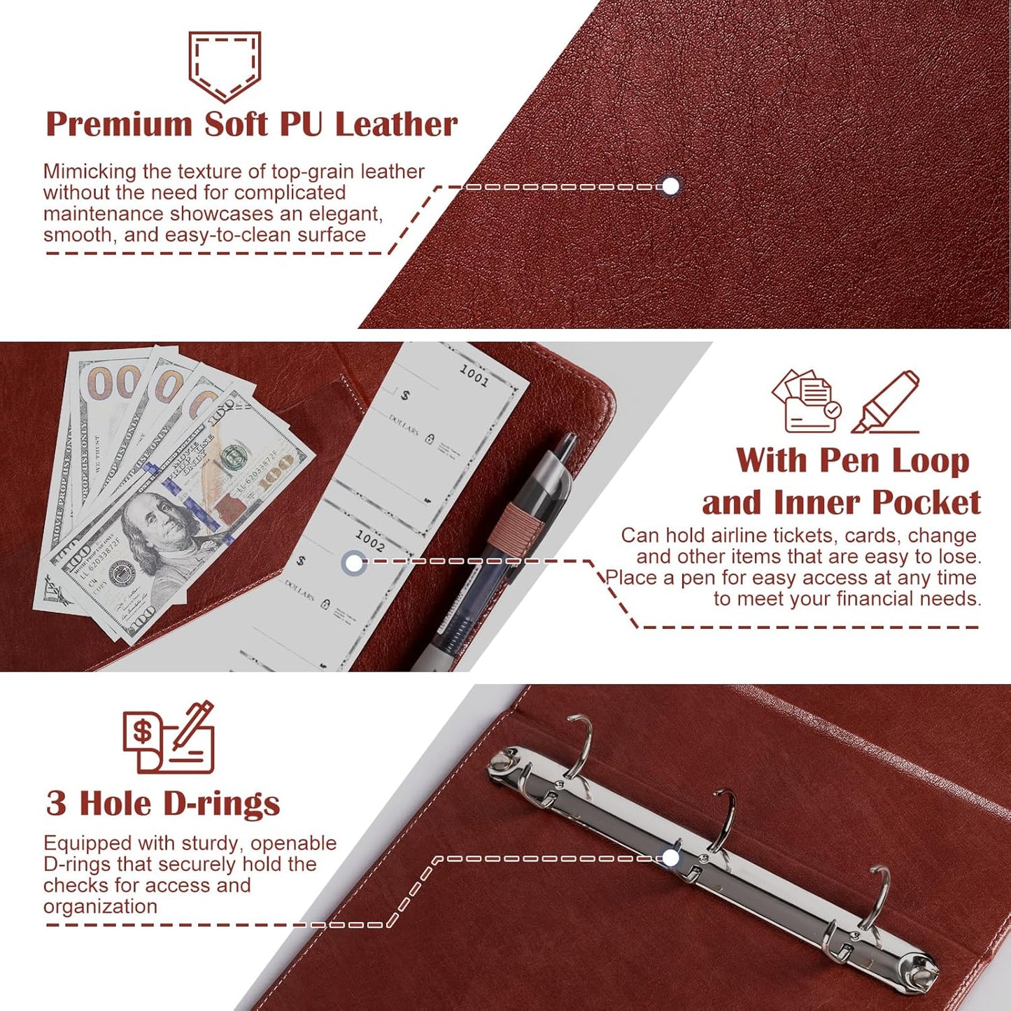 9" x11 1/4" PU Leather 3 Rings Personal Checks Binder for End-Stub Deskbook 3-Ring Binders for Desk Check fit 3 & 9 Holes Checkbook Binder Cover for Business Finances (Not Fit 7 Holes,Light Brown)