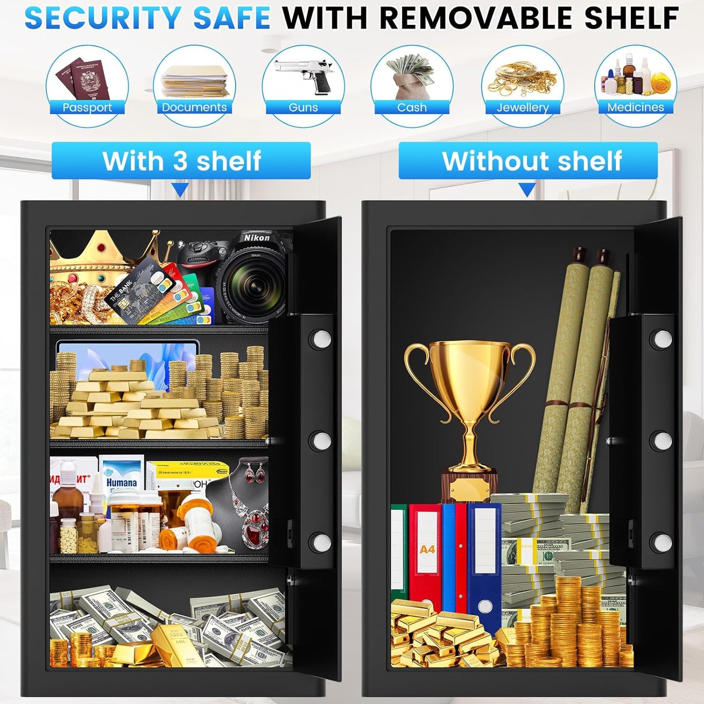 27.56"H Steel Safe Box, 6.0 Cuft Home Safes with Fireproof Waterproof Bag, Digital Security Safes with Programmable Keypad Keys, Smart Alert, Mute Mode, Anti-theft Safety Box for Documents Valuables