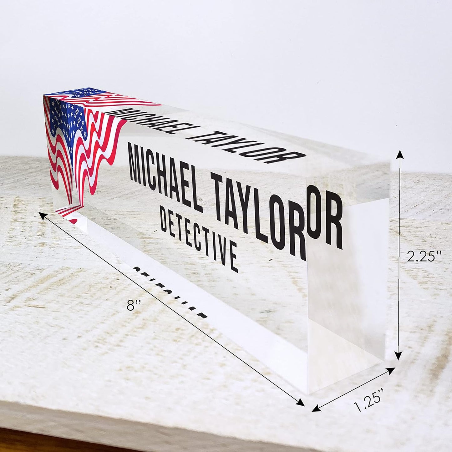 Artblox Office Desk Name Plate Personalized | Custom Name Plates for Desks | Us Flag Design On Clear Acrylic Glass | Office Desk Decor - (8" x 2.5")