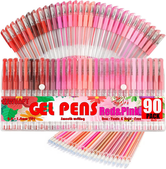 90 Pack Pink Red Tone Gel Pens, 30 Pink Red Gel Pens with 60 Refills,40% More Ink Colored Gel Pens for Adults Coloring Books Drawing Doodling Scrapbook Journaling