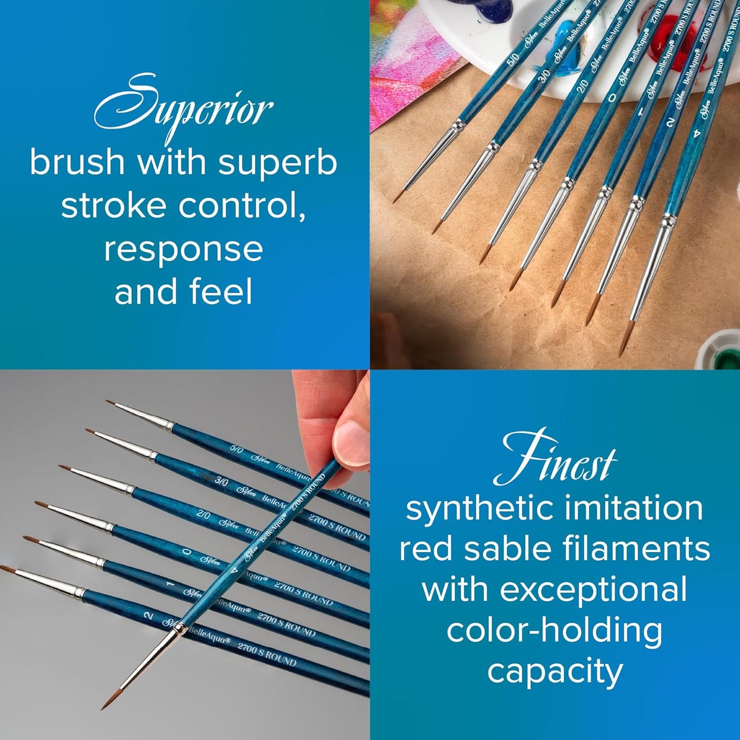 Silver Brush Limited BA-2758S BelleAqua Smaller Size Round Brushes, 3pc Round Watercolor Brush Set, Professional Soft Synthetic Red Sable Paint Brush Set Also for Gouache, Sizes 1, 2, & 4