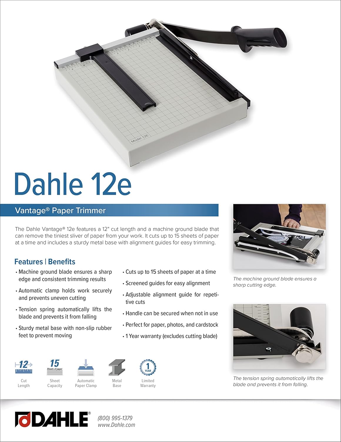 Dahle 12e Vantage Paper Trimmer, 12" Cut Length, 15 Sheet, Automatic Clamp, Adjustable Guide, Metal Base with 1/2" Gridlines, Guillotine Paper Cutter
