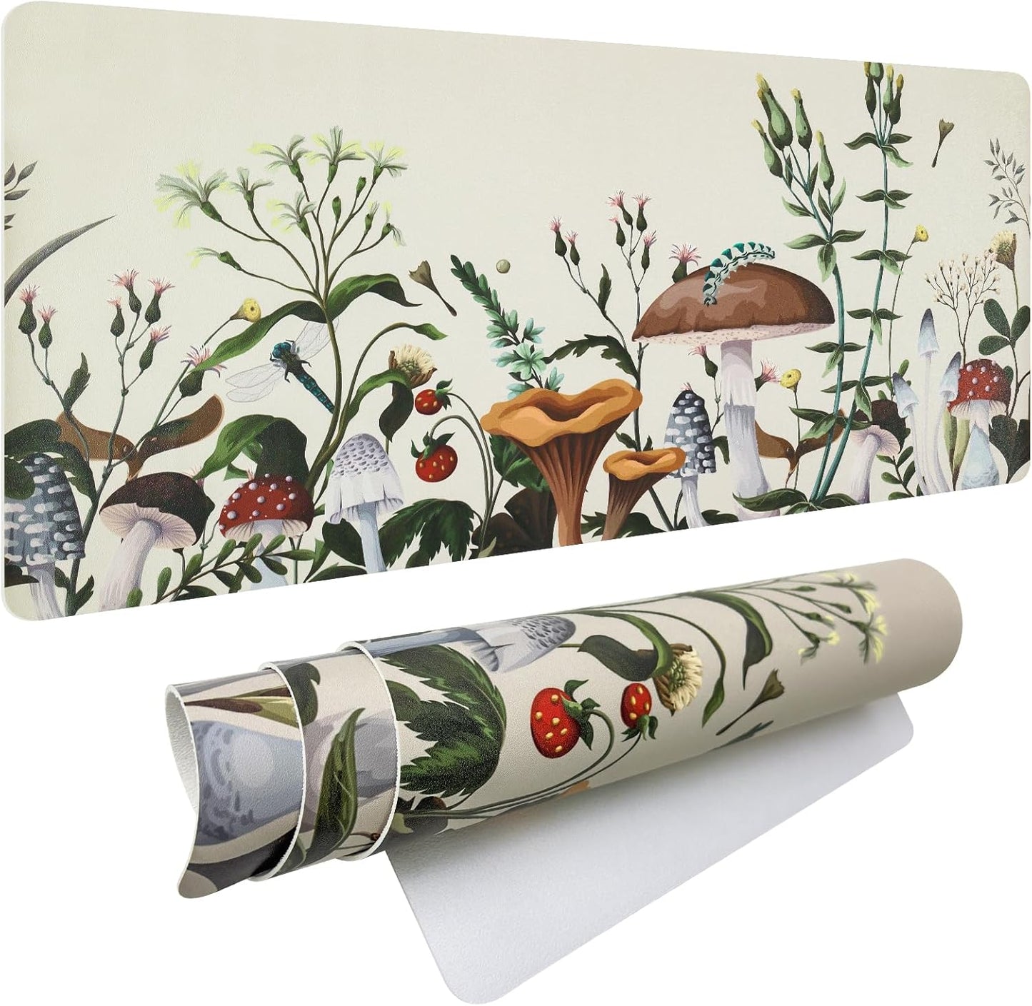 Bloss Plant Mushroom Desks Pad,Large Mouse Pad for Desktop, Leather Floral Desk Mat for Keyboard and Mouse,Waterproof Computer Laptop Desk Protector Mat for Office/Home/Women Gift,White 31.5" x 15.7"