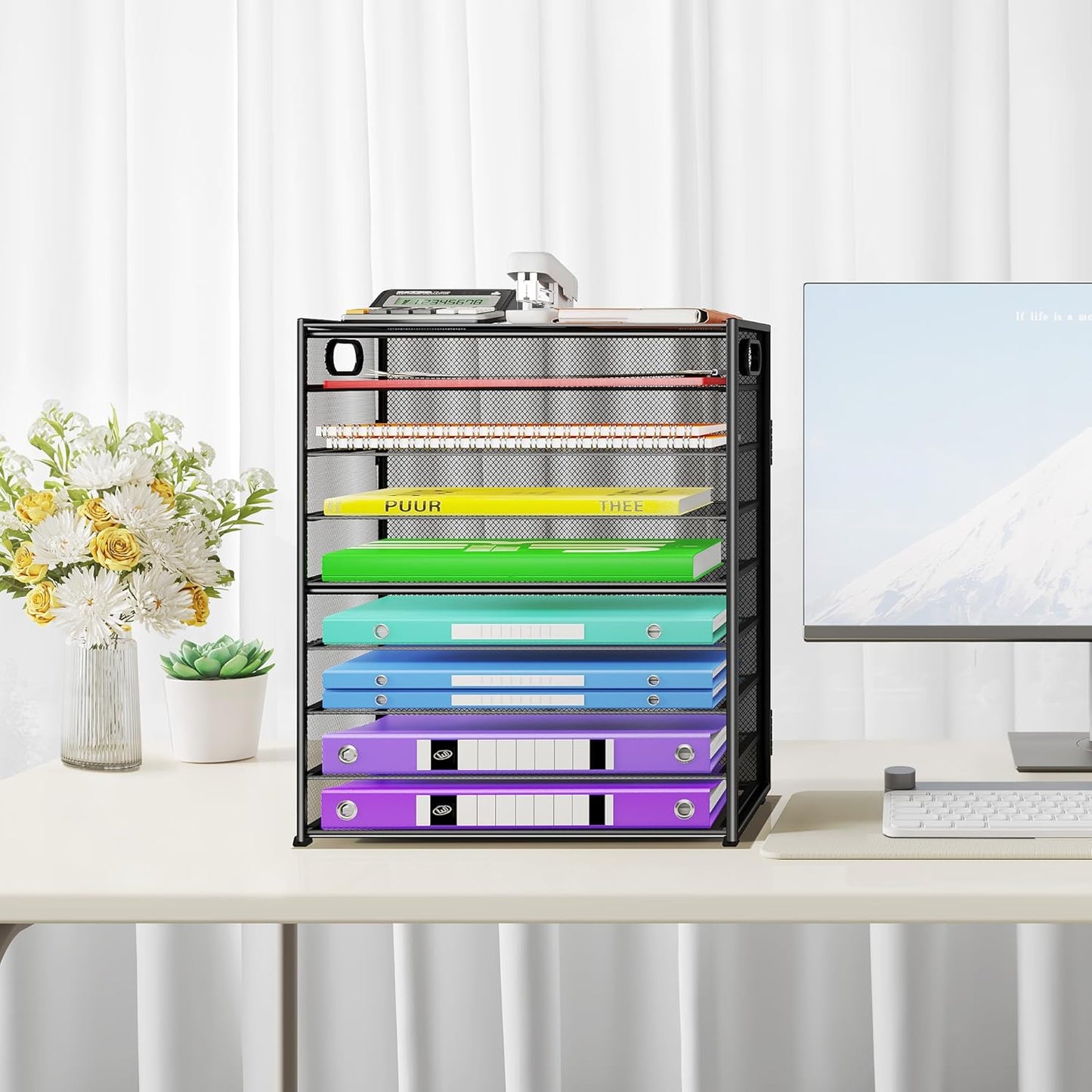 9 Tier Paper Organizer with Handle, Large Capacity Desk Organizer Mesh Paper Letter Tray File Folder Document Sorter for Classroom and Office Accessories Organization- Black (2 Pack)