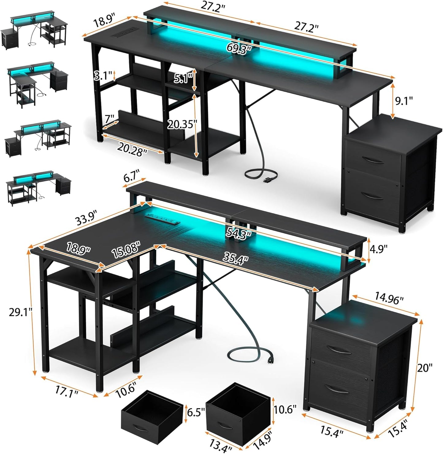 YOUNGAR 69.3" Computer Desks with Storage, Reversible L Shaped Home Office Desk, Corner Gaming Office Desk with 2 File Drawers&Power Outlet, Black